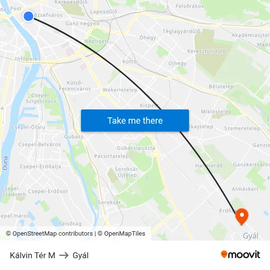 Kálvin Tér M to Gyál map