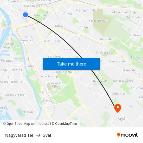 Nagyvárad Tér to Gyál map
