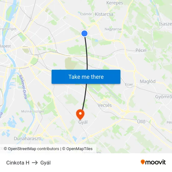 Cinkota H to Gyál map