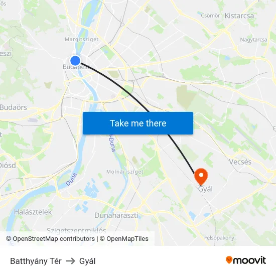 Batthyány Tér to Gyál map