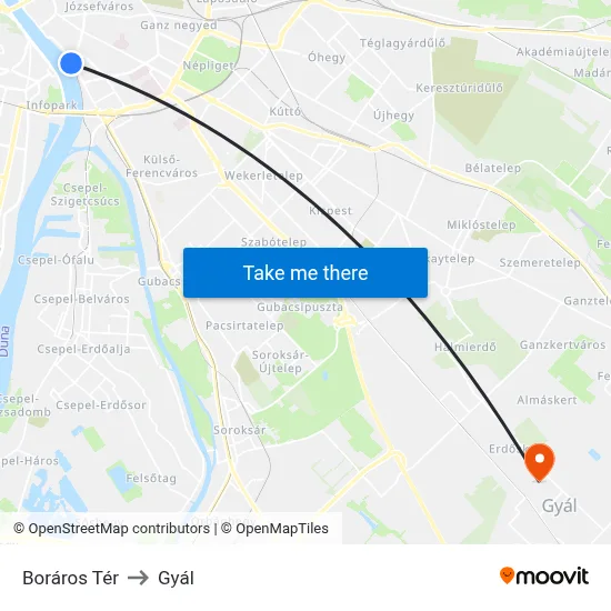 Boráros Tér to Gyál map