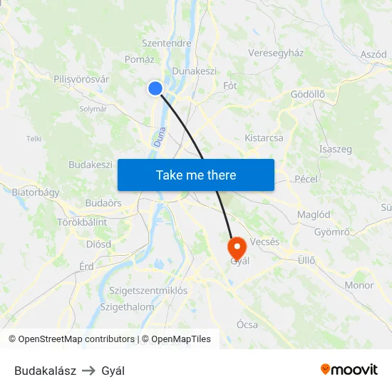 Budakalász to Gyál map
