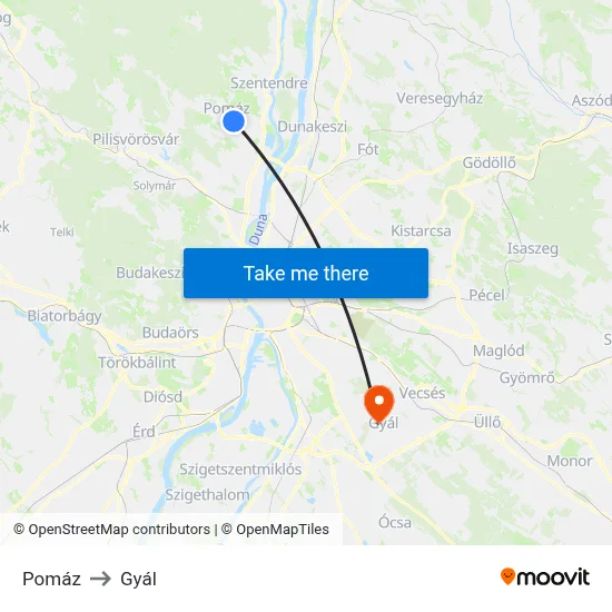 Pomáz to Gyál map