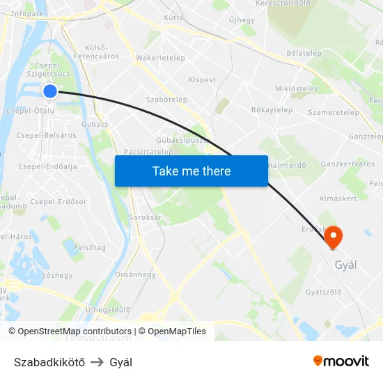 Szabadkikötő to Gyál map