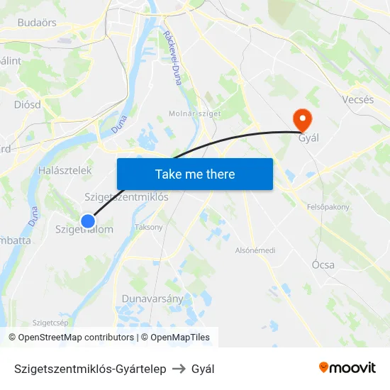 Szigetszentmiklós-Gyártelep to Gyál map