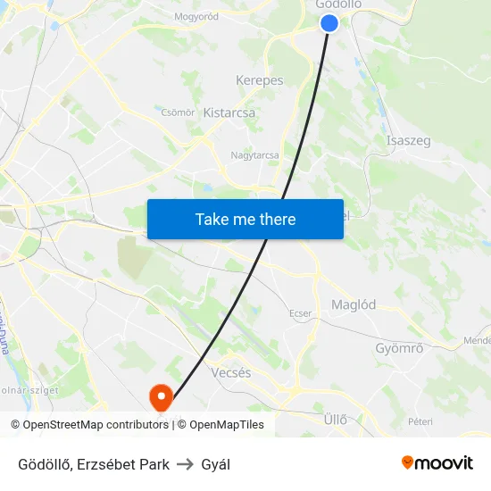 Gödöllő, Erzsébet Park to Gyál map