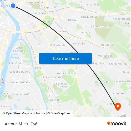 Astoria M to Gyál map