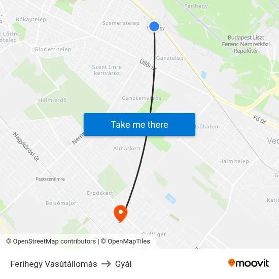 Ferihegy Vasútállomás to Gyál map