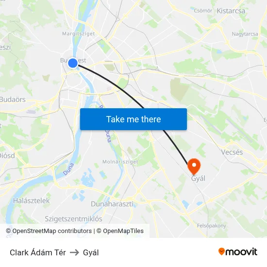 Clark Ádám Tér to Gyál map