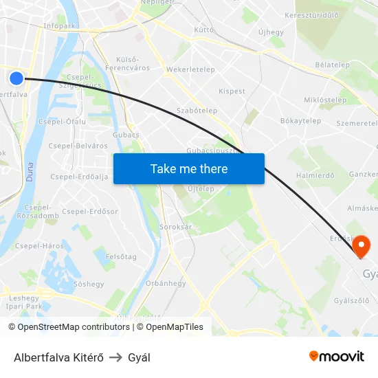 Albertfalva Kitérő to Gyál map