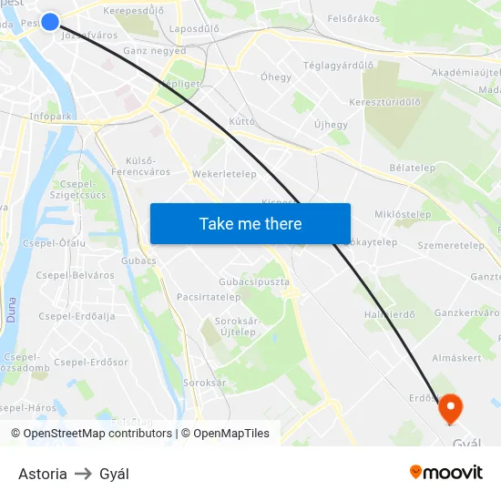Astoria to Gyál map