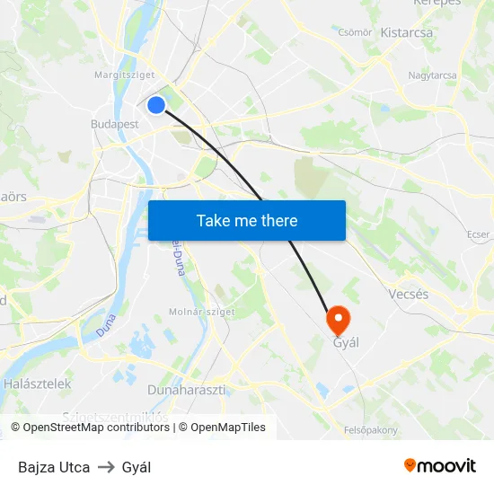 Bajza Utca to Gyál map