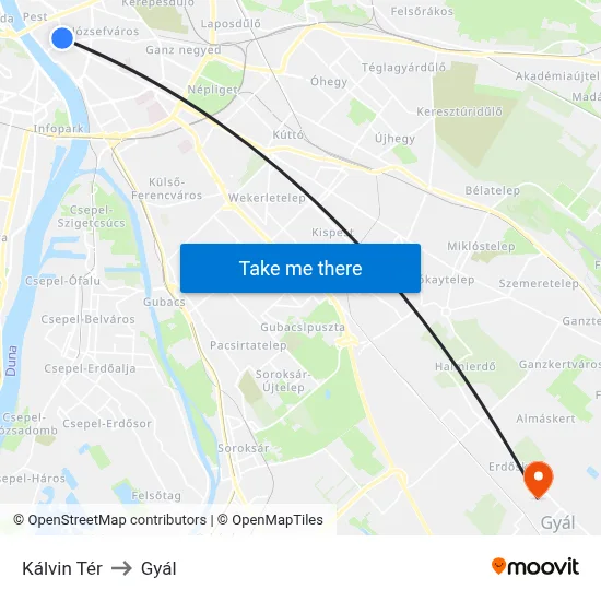 Kálvin Tér to Gyál map