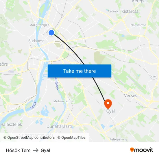 Hősök Tere to Gyál map