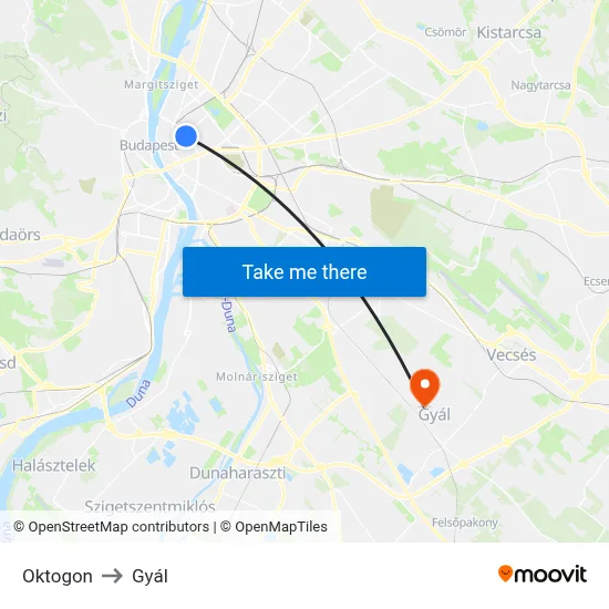 Oktogon to Gyál map