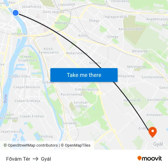 Fővám Tér to Gyál map