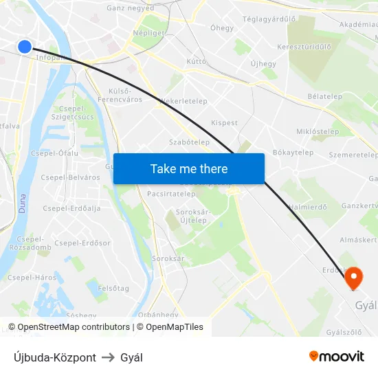 Újbuda-Központ to Gyál map