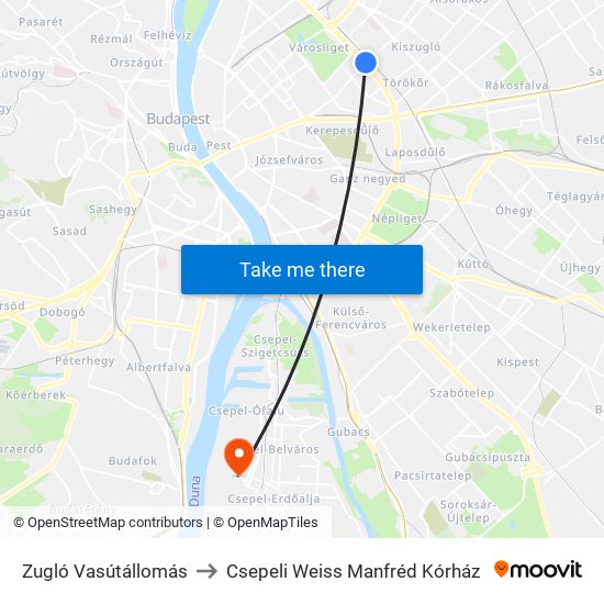 Zugló Vasútállomás to Csepeli Weiss Manfréd Kórház map