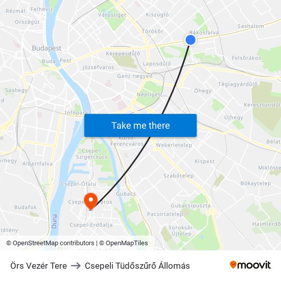 Örs Vezér Tere to Csepeli Tüdőszűrő Állomás map