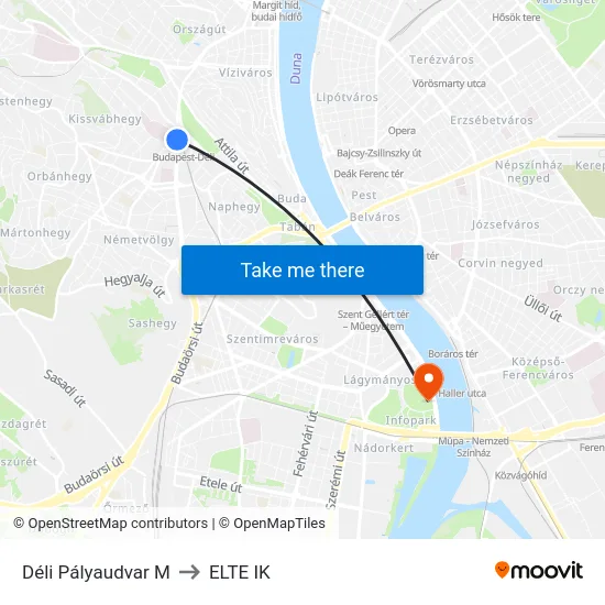Déli Pályaudvar M to ELTE IK map