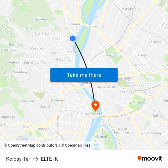 Kolosy Tér to ELTE IK map
