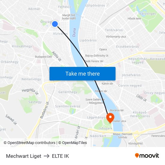 Mechwart Liget to ELTE IK map