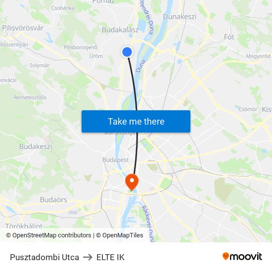 Pusztadombi Utca to ELTE IK map