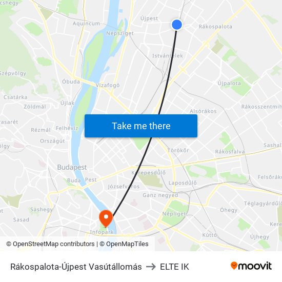 Rákospalota-Újpest Vasútállomás to ELTE IK map