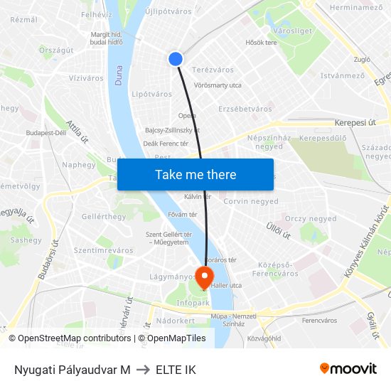 Nyugati Pályaudvar M to ELTE IK map