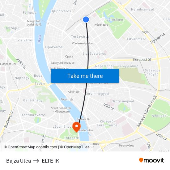 Bajza Utca to ELTE IK map