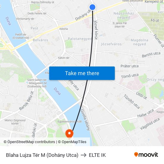 Blaha Lujza Tér M (Dohány Utca) to ELTE IK map