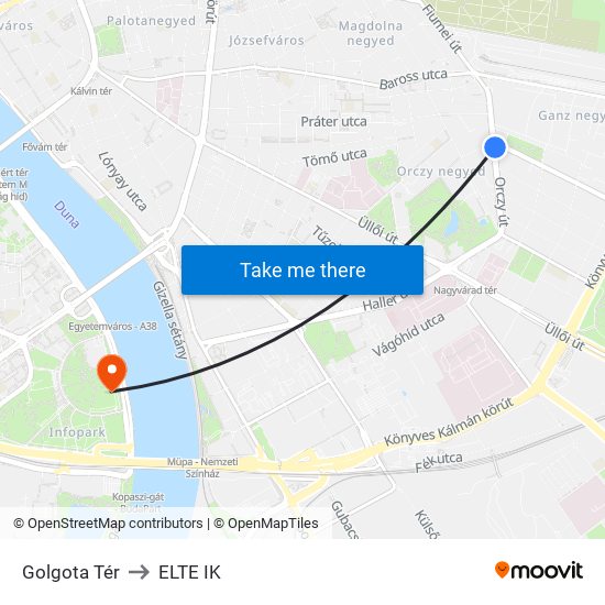 Golgota Tér to ELTE IK map