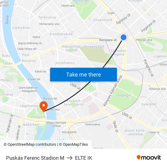 Puskás Ferenc Stadion M to ELTE IK map