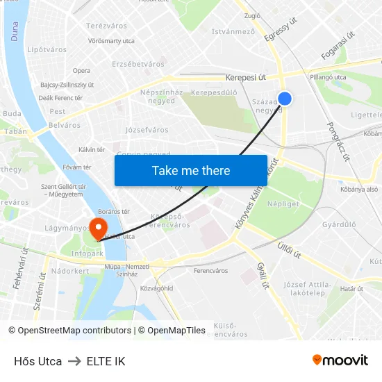 Hős Utca to ELTE IK map