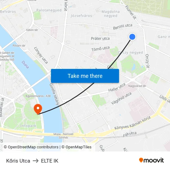 Kőris Utca to ELTE IK map