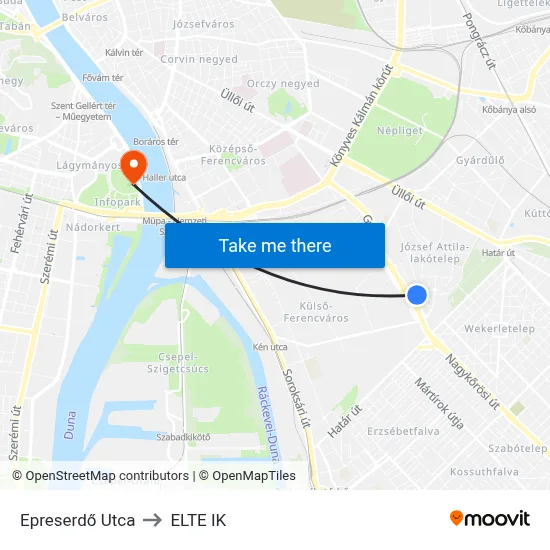 Epreserdő Utca to ELTE IK map