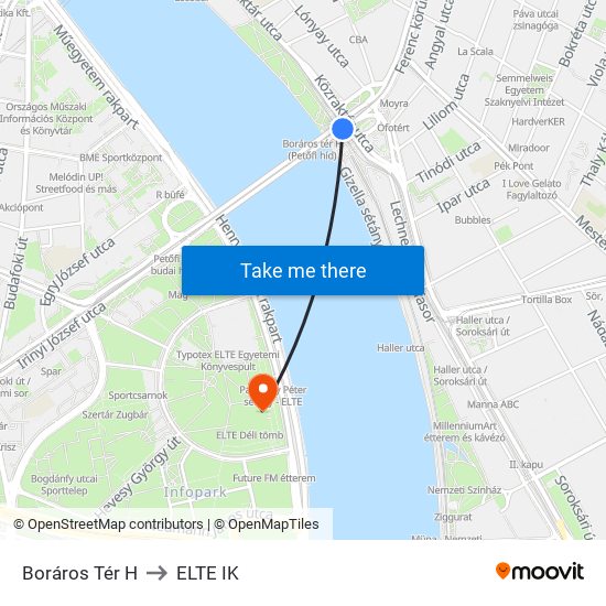 Boráros Tér H to ELTE IK map