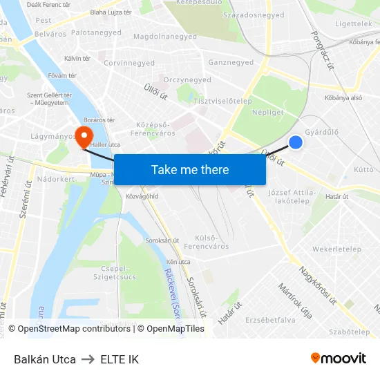 Balkán Utca to ELTE IK map
