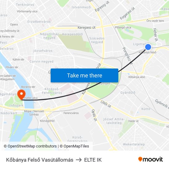 Kőbánya Felső Vasútállomás to ELTE IK map