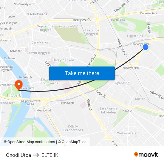 Ónodi Utca to ELTE IK map