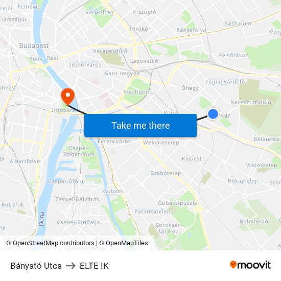 Bányató Utca to ELTE IK map