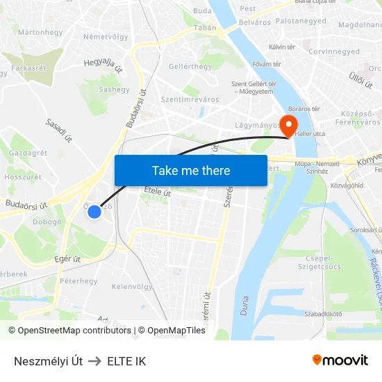 Neszmélyi Út to ELTE IK map