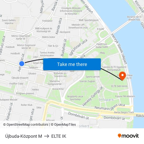 Újbuda-Központ M to ELTE IK map