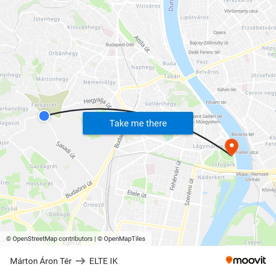 Márton Áron Tér to ELTE IK map