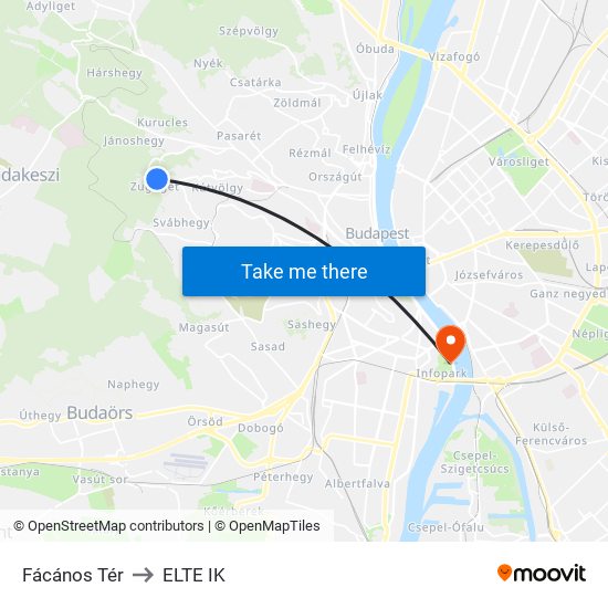 Fácános Tér to ELTE IK map