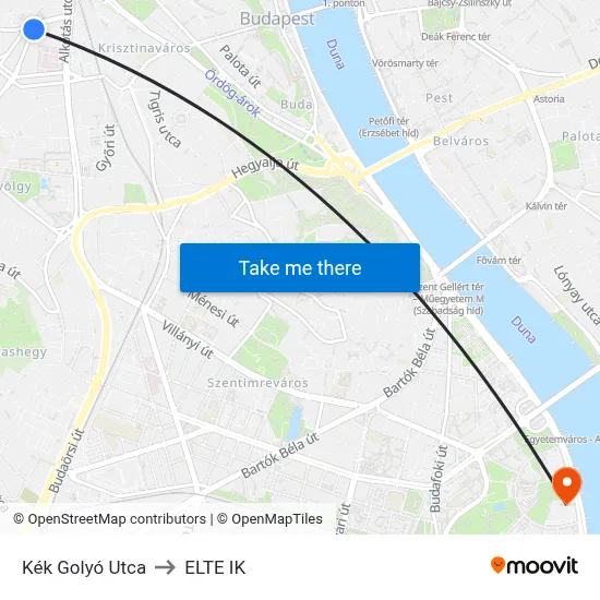Kék Golyó Utca to ELTE IK map
