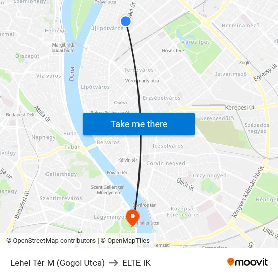 Lehel Tér M (Gogol Utca) to ELTE IK map