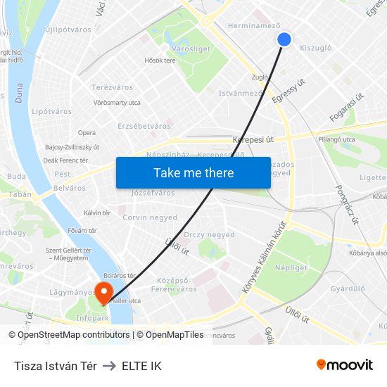 Tisza István Tér to ELTE IK map