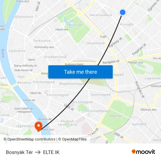 Bosnyák Tér to ELTE IK map