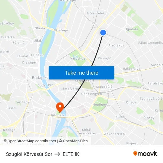 Szuglói Körvasút Sor to ELTE IK map